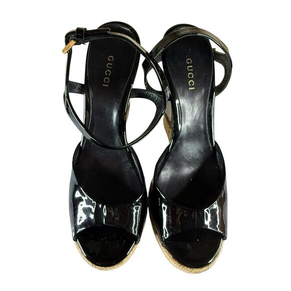 Gucci Black Patent Leather Platform Wedge Sandals Cork Sole EU 37 - Picture 8 of 11